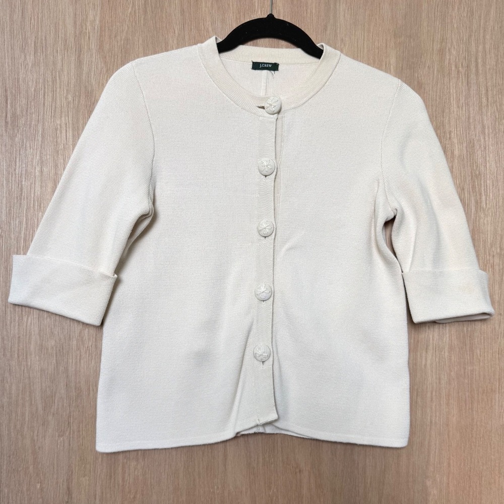 J.Crew Ivory Cream Button Cardigan 3/4 Sleeve Martingale Back Preppy Academia